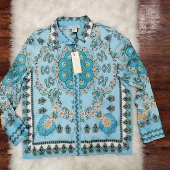 NWT Rachel Zoe Blue Floral Button Front Long Sleeve Blouse Women's Size Medium - Picture 2 of 12